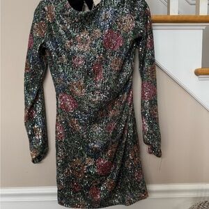 Sezane Floral Sequin Long Sleeve Dress